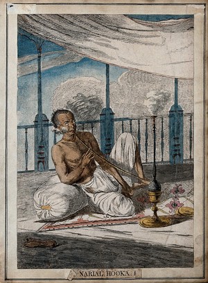 view Man seated on balcony smoking cocoa nut hookah, Calcutta, West Bengal. Coloured etching by François Balthazar Solvyns, 1799.