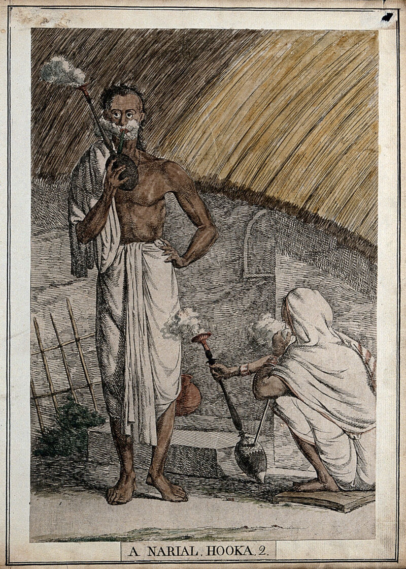 Two men smoking cocoa nut hookahs, Calcutta, West Bengal. Coloured etching by François Balthazar Solvyns, 1799., [1799], by Frans Balthazar Solvyns
