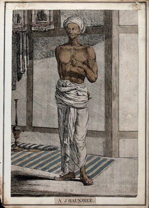 view Man holding percussion instruments made of hollow brass rings, containing small balls, played with the hands, Calcutta, West Bengal. Coloured etching by François Balthazar Solvyns, 1799.