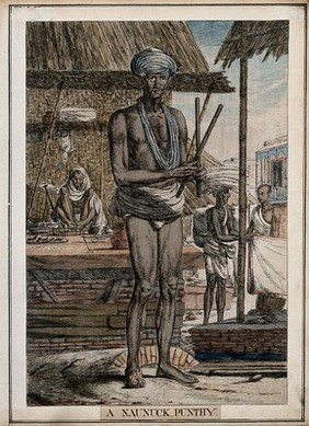 Hindu fakir with one shoe and half a moustache, Calcutta, West Bengal. Coloured etching by François Balthazar Solvyns, 1799.