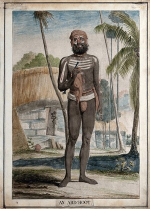 view Fakir belonging to a sect known for occasional nudity, Calcutta, West Bengal. Coloured etching by François Balthazar Solvyns, 1799.