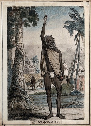 view A sadhu with raised arm and overgrown fingernails, Calcutta, West Bengal. Coloured etching by François Balthazar Solvyns, 1799.