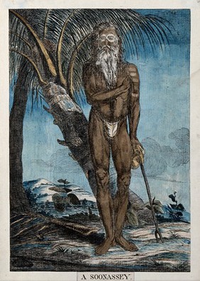 Ascetic standing next to a tree, near Calcutta, West Bengal. Coloured etching by François Balthazar Solvyns, 1799.