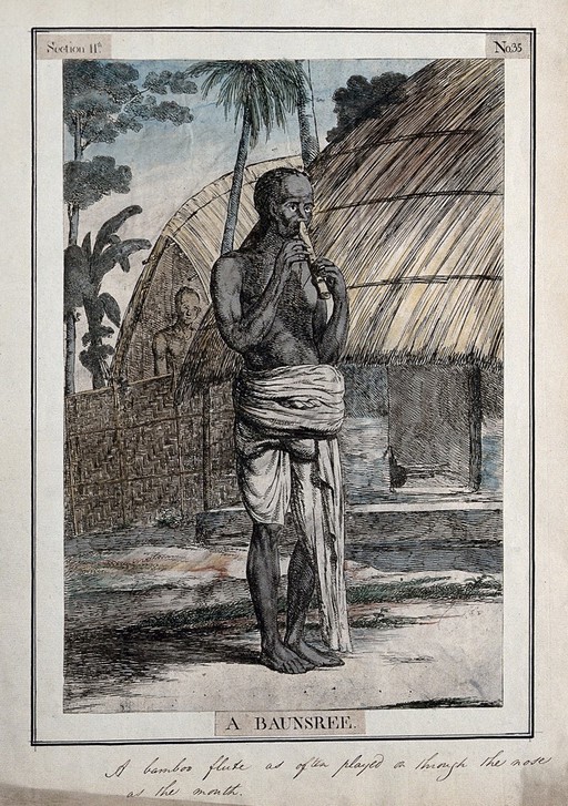Man playing nose flute, Calcutta, West Bengal. Coloured etching by Francois Balthazar Solvyns, 1799.