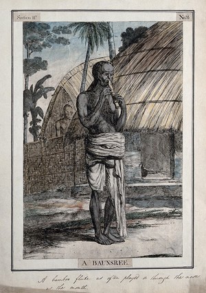 view Man playing nose flute, Calcutta, West Bengal. Coloured etching by François Balthazar Solvyns, 1799.