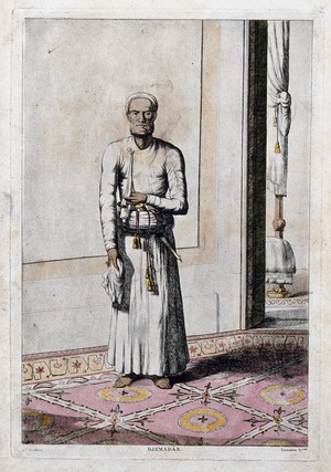 view Jammadar, or head servant-in-waiting to either Europeans or Indians, Calcutta, West Bengal. Coloured etching by François Balthazar Solvyns, ca. 1808-1812.