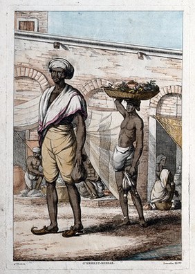 House-seller for Europeans returning from market with an attendant carrying his purchases, Calcutta, West Bengal. Coloured etching by François Balthazar Solvyns, ca. 1808-1812.