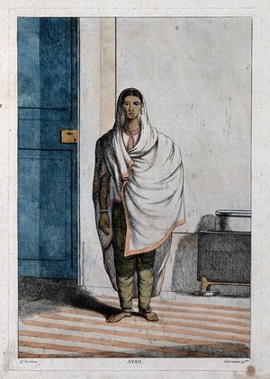 view Ayah, or female attendant for European and Indian women, Calcutta, West Bengal. Coloured etching by François Balthazar Solvyns, ca. 1808-1812.