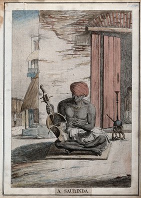 Street scene with musician playing a saurinda, a type of violin, Calcutta, West Bengal. Coloured etching by François Balthazar Solvyns, 1799.