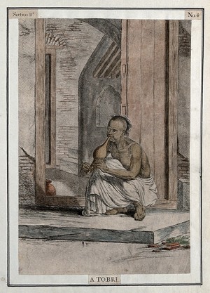 view Man seated in doorway playing the tobri, a wind instrument, Calcutta, West Bengal. Coloured etching by François Balthazar Solvyns, 1799.