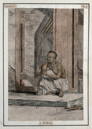 Man seated in doorway playing the tobri, a wind instrument, Calcutta, West Bengal. Coloured etching by François Balthazar Solvyns, 1799.