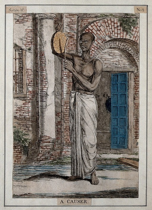 Man striking a causer, or gong, used at certain times by the servants of priests, Calcutta, West Bengal. Coloured etching by Francois Balthazar Solvyns, 1799.