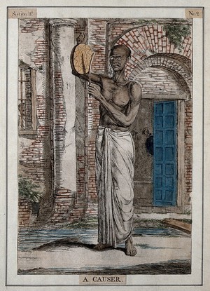 view Man striking a causer, or gong, used at certain times by the servants of priests, Calcutta, West Bengal. Coloured etching by François Balthazar Solvyns, 1799.
