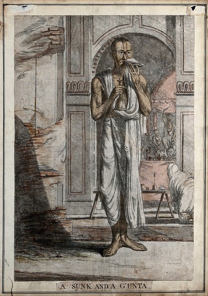Brahman priest with a musical shell and a bell, being used at a religious ceremony, Calcutta, West Bengal. Coloured etching by François Balthazar Solvyns, 1799.