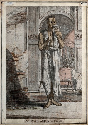 view Brahman priest with a musical shell and a bell, being used at a religious ceremony, Calcutta, West Bengal. Coloured etching by François Balthazar Solvyns, 1799.