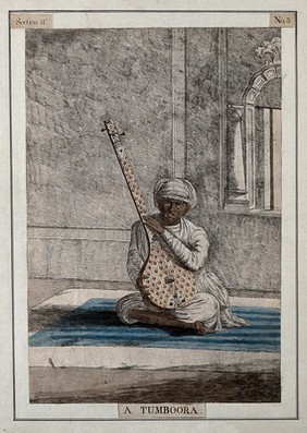 Musician with a tamboura, used for supplying a drone, Calcutta, West Bengal. Coloured etching by François Balthazar Solvyns, 1799.