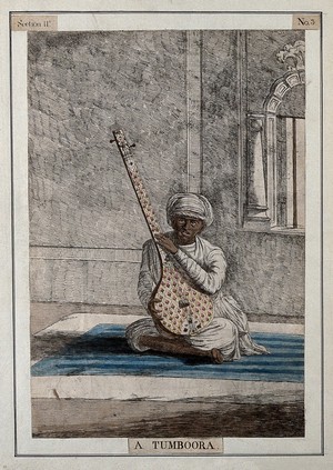 view Musician with a tamboura, used for supplying a drone, Calcutta, West Bengal. Coloured etching by François Balthazar Solvyns, 1799.