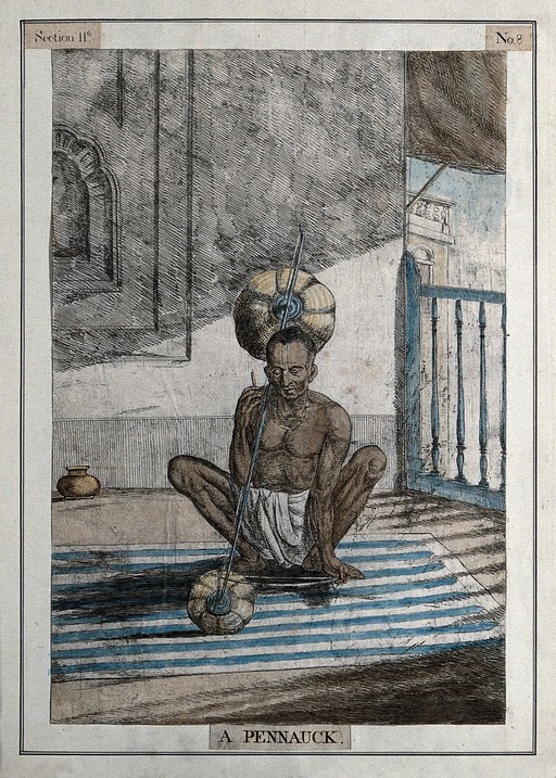 Musician with instrument made from pumpkin shells joined by a wire and played with a bow, Calcutta, West Bengal. Coloured etching by François Balthazar Solvyns, 1799.