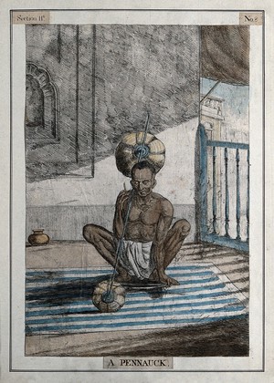 view Musician with instrument made from pumpkin shells joined by a wire and played with a bow, Calcutta, West Bengal. Coloured etching by François Balthazar Solvyns, 1799.