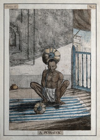 Musician with instrument made from pumpkin shells joined by a wire and played with a bow, Calcutta, West Bengal. Coloured etching by François Balthazar Solvyns, 1799.