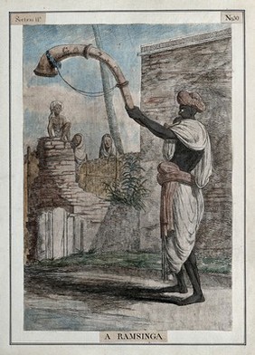 Man playing a ramsinga, a large snake-like wind instrument, Calcutta, West Bengal. Coloured etching by François Balthazar Solvyns, 1799.