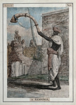 view Man playing a ramsinga, a large snake-like wind instrument, Calcutta, West Bengal. Coloured etching by François Balthazar Solvyns, 1799.