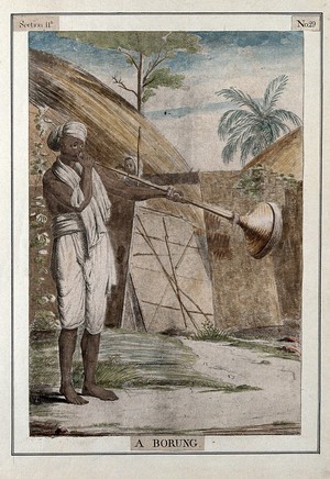 view Man playing a borung, a type of horn played at Hindu festivals, Calcutta, West Bengal. Coloured etching by François Balthazar Solvyns, 1799.