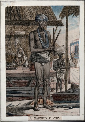 view Hindu fakir with one shoe and half a moustache, Calcutta. Coloured etching by François Balthazar Solvyns, 1799.