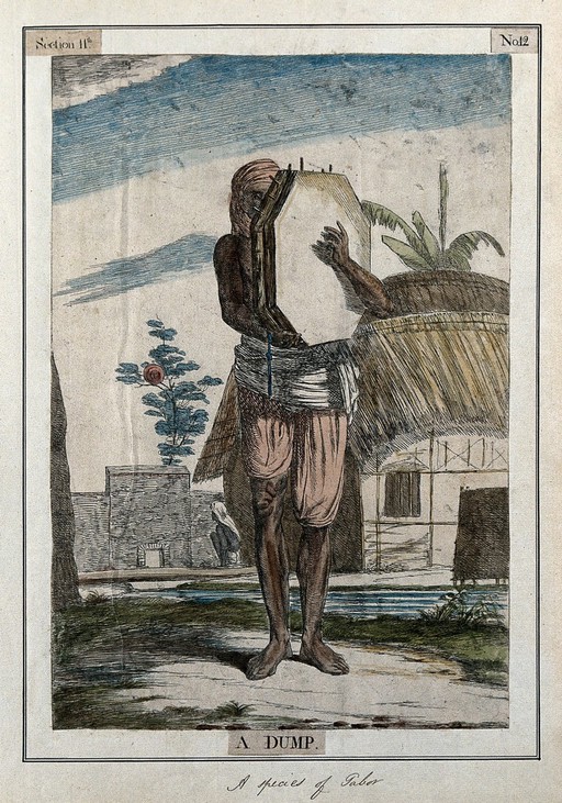 Musician playing the dump, a drum which is held vertically and struck with the fingers, Calcutta, West Bengal. Coloured etching by Francois Balthazar Solvyns, 1799.