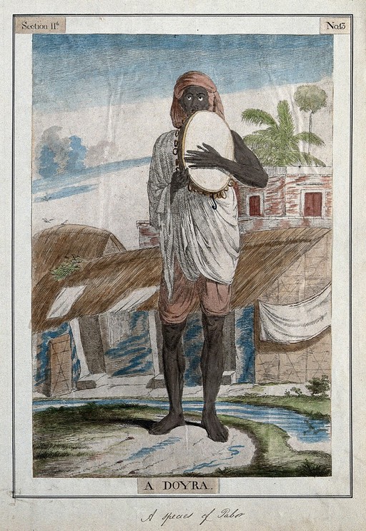 Musician with a doyra, a percussion instrument resembling a tambourine, Calcutta, West Bengal. Coloured etching by Francois Balthazar Solvyns, 1799.
