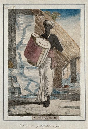 view Musician with a percussion instrument made of two drums of different sizes joined together, and played with a drumstick, Calcutta, West Bengal. Coloured etching by François Balthazar Solvyns, 1799.