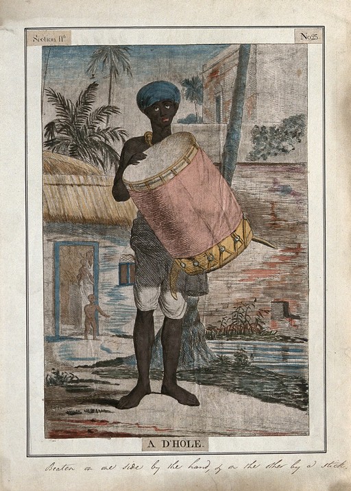 Musician with a d'hole, a drum played at one end with a stick, and at the other with the hand, Calcutta, West Bengal. Coloured etching by François Balthazar Solvyns, 1799.