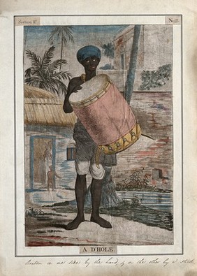 A musician with a d'hole, a drum played at one end with a stick, and at the other with the hand, Calcutta, West Bengal. Coloured etching by François Balthazar Solvyns, 1799.