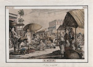 view Market scene, Calcutta, West Bengal. Coloured etching by François Balthazar Solvyns, 1799.