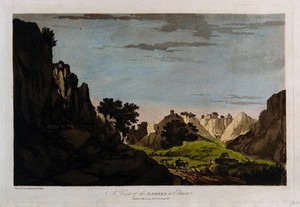 view Ravines at Etawah, Uttar Pradesh. Coloured etching by William Hodges, 1787.