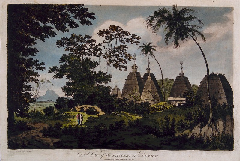 Buddhist pagodas at Deoghar, Bihar. Coloured etching by