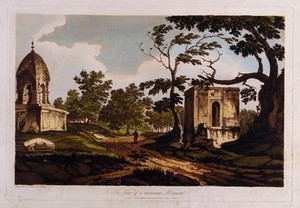 view Murshidabad: monuments in memory of women who had died by sati. Coloured etching by William Hodges, 1788.