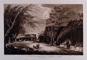 view Farmyard, Bengal. Etching by William Hodges, 1786.