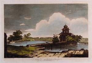 view Mausoleum in a lake. Coloured etching by William Hodges, 1787.