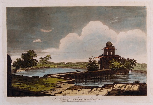 Mausoleum in a lake. Coloured etching by William Hodges, 1787.