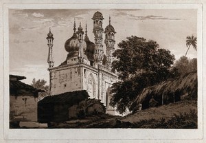 view Mosque at Ghazipur, Uttar Pradesh. Etching by William Hodges, 1787.