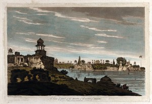 view Ruins in the city of Agra, Uttar Pradesh. Coloured etching by William Hodges, 1787.