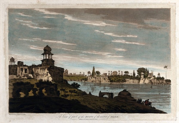 Ruins in the city of Agra, Uttar Pradesh. Coloured etching by William Hodges, 1787.
