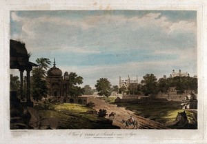 view Sikandra, near Agra, Uttar Pradesh: tombs in the grounds near the mausoleum of the Emperor Akbar. Coloured etching by William Hodges, 1788.