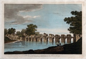 view Bridge over the river Gomati at Jaunpur, Uttar Pradesh. Coloured etching by William Hodges, 1787.