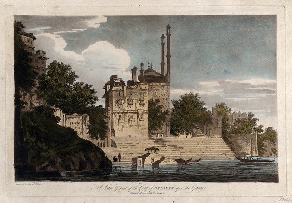 Ghat on the Ganges at Varanasi, Uttar Pradesh. Coloured etching by William Hodges, 1787.