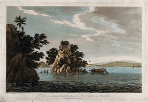 view Large rock in the river Ganges, India. Coloured etching by William Hodges, 1787.