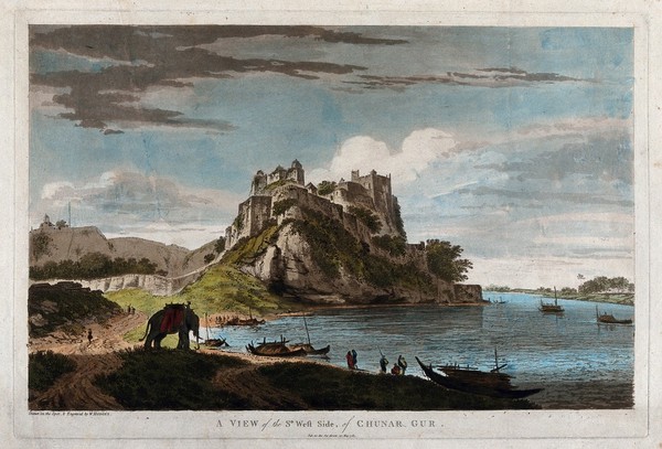 Chunar seen from the Ganges, Uttar Pradesh. Coloured etching by William Hodges, 1785.