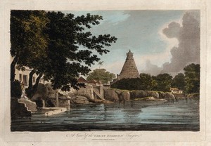 view Pagoda at Thanjavur, Tamil Nadu. Coloured etching by William Hodges, 1787.