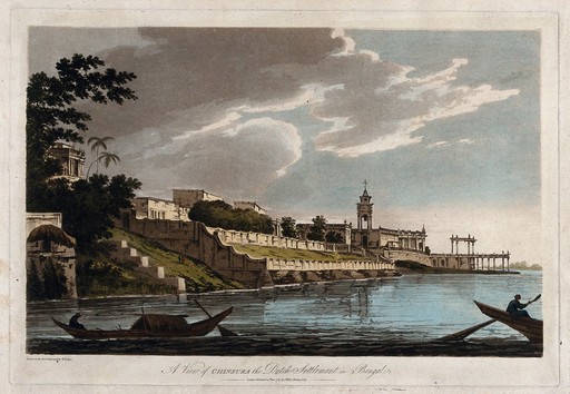 Dutch settlement at Chunchura on the Hugli river, West Bengal. Coloured etching by William Hodges, 1787.